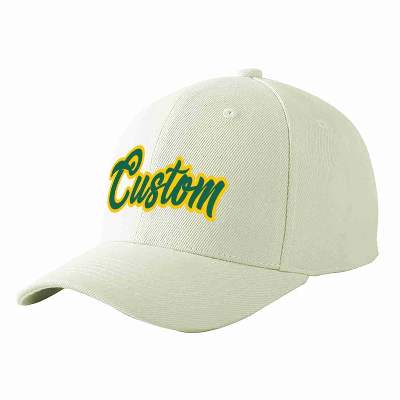 Baseball Team Cap-Custom Cream Kelly Green-Gold Curved Eaves Sport Baseball Cap Design for Men/Women/Youth