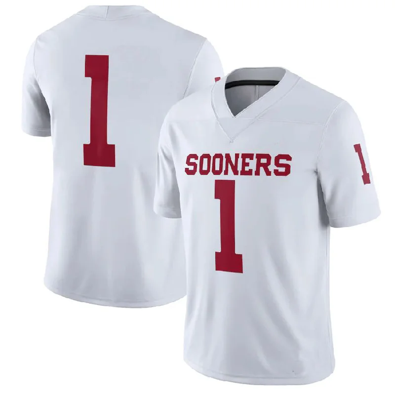 Button-Up Football Jersey-#1 O.Sooners Jordan Brand Away Game Jersey White Football Jersey Stitched American College Jerseys