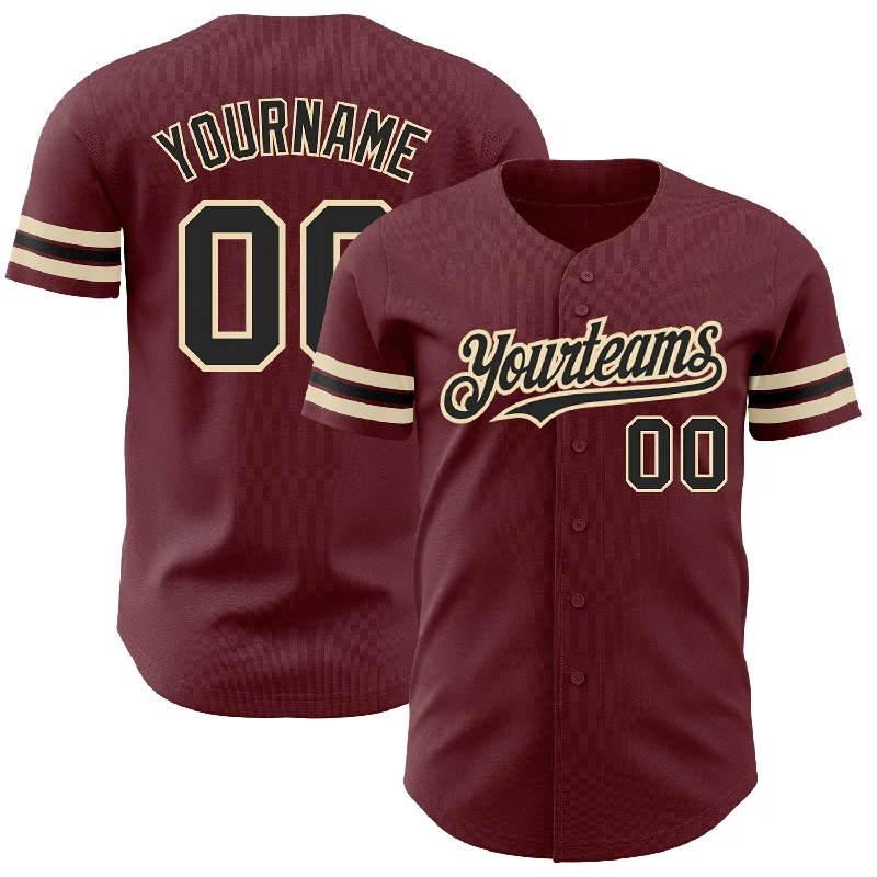 Long Sleeve Baseball Jersey-Custom Burgundy Black-City Cream Authentic Baseball Jersey