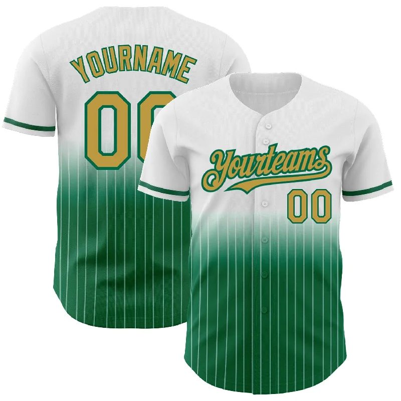 Little League Baseball Jersey-Custom White Pinstripe Old Gold-Kelly Green Authentic Fade Fashion Baseball Jersey