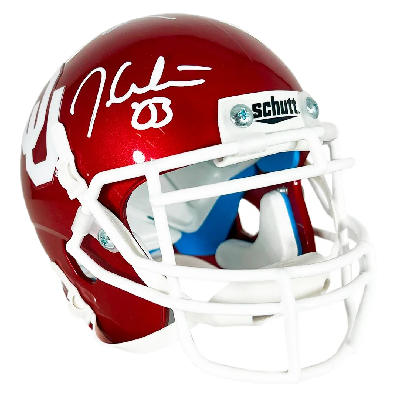 Graphic Rugby Helmet-Triple Signature Sims, Owens, & White Signed Oklahoma Sooners Red Mini Schutt Football Helmet (Beckett)