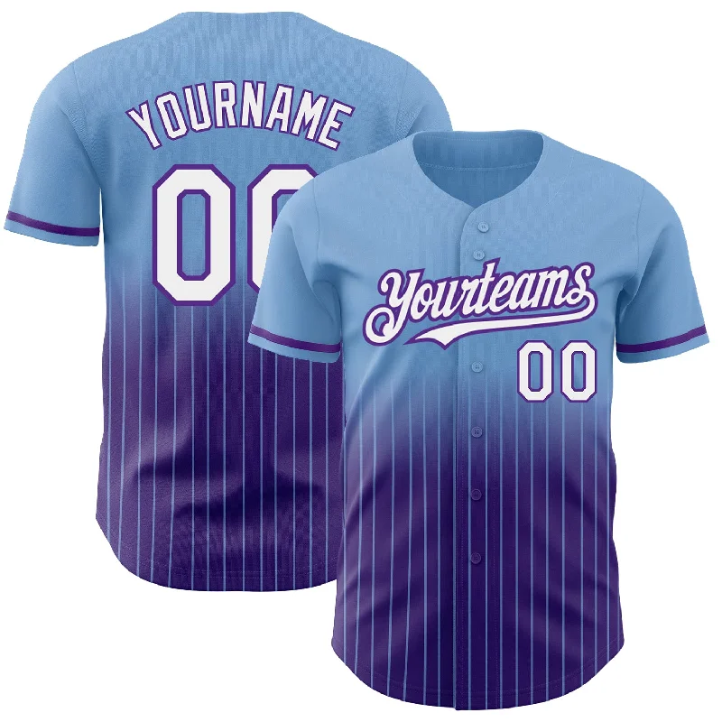 Baseball Tournament Jersey-Custom Light Blue Pinstripe White-Purple Authentic Fade Fashion Baseball Jersey