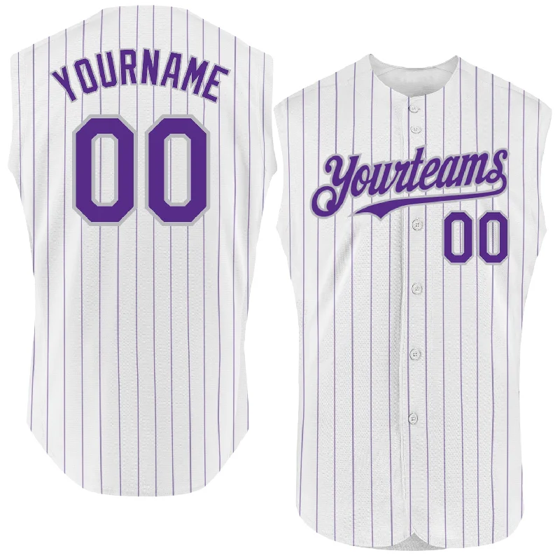 Baseball Trivia Jersey-Custom White Purple Pinstripe Black-Gray Authentic Sleeveless Baseball Jersey