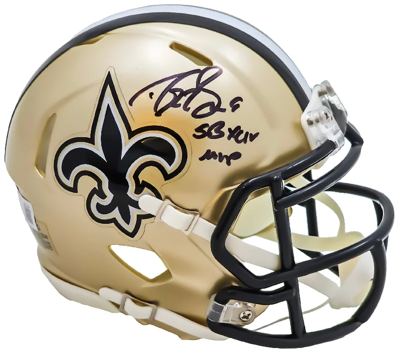 Rugby Trainer Helmet-Drew Brees Autographed New Orleans Saints Gold Speed Mini Helmet "SB XLIV MVP" Beckett BAS Witness Stock #220585