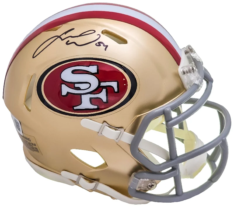 Street Rugby Helmet-Fred Warner Autographed San Francisco 49ers Gold Speed Mini Helmet Beckett BAS Witness Stock #216804