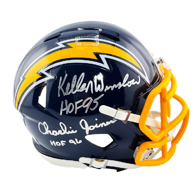 Kids Rugby Helmet-Kellen Winslow and Charlie Joiner Signed HOF 96, HOF 95 Inscription Los Angeles Chargers Throwback 74-87 Speed Mini Football Helmet (Beckett)