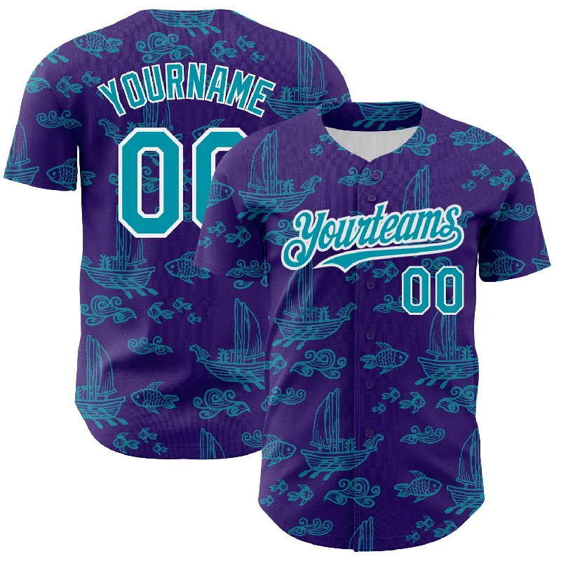 Rookie Baseball Jersey-Custom Purple Teal-White 3D Pattern Design Boats And Fish Authentic Baseball Jersey