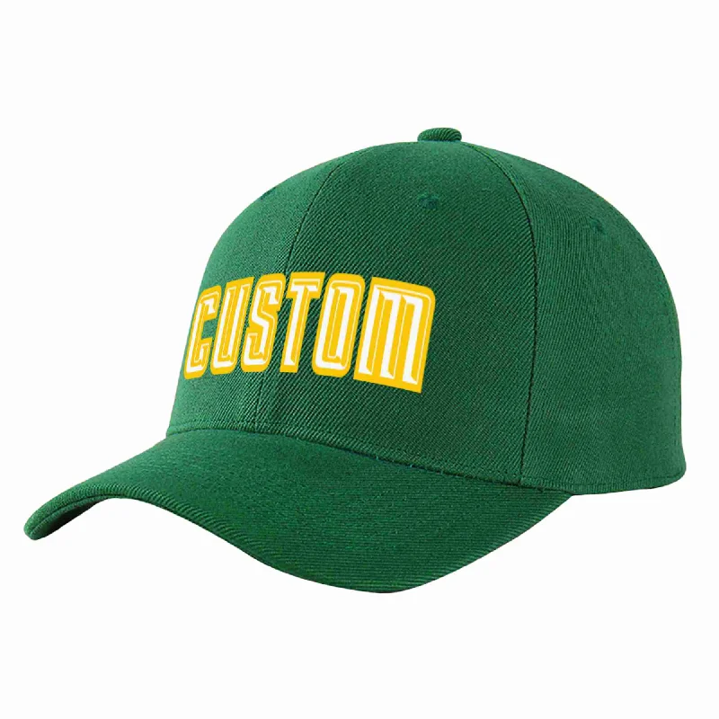 Sports Team Baseball Cap-Custom Green White-Gold Curved Eaves Sport Baseball Cap Design for Men/Women/Youth