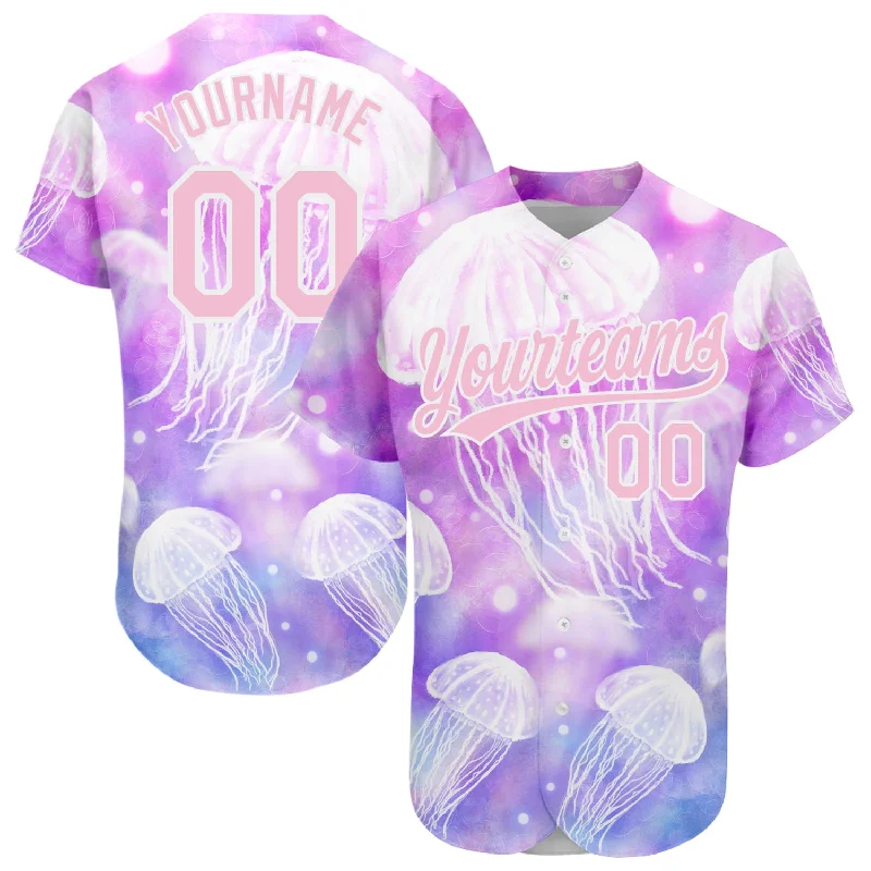 Blue Baseball Jersey-Custom Purple Light Pink-White 3D Pattern Design Jellyfish Authentic Baseball Jersey