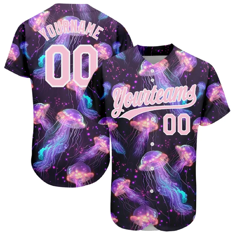 White Baseball Jersey-Custom Black Light Pink-White 3D Pattern Design Jellyfish Floating In The Ocean Authentic Baseball Jersey