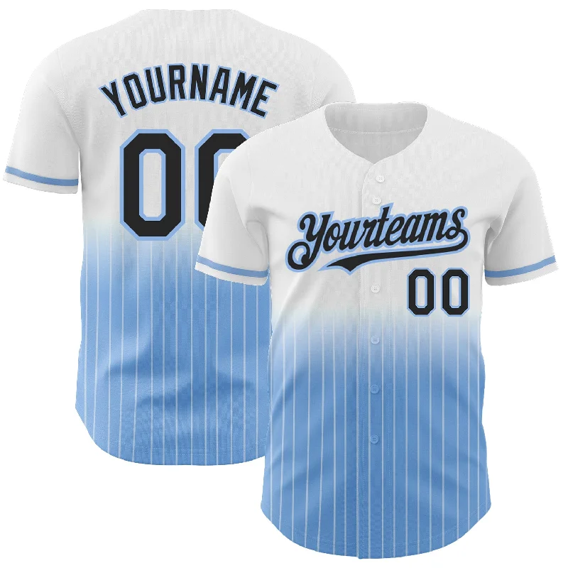 Oversized Baseball Jersey-Custom White Pinstripe Black-Light Blue Authentic Fade Fashion Baseball Jersey