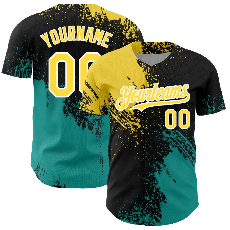 Sleeveless Baseball Jersey-Custom Black Yellow-Teal 3D Pattern Design Abstract Brush Stroke Authentic Baseball Jersey